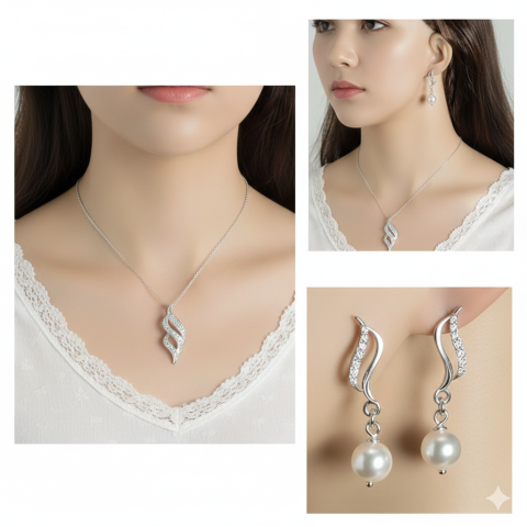 Merry Christmas !!! - Set Elegant din Argint 925: Colier și Cercei cu Zirconiu și Perlă