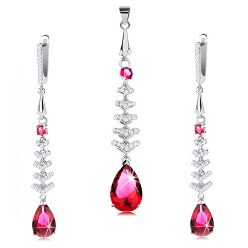 Pandantive - Set pandantiv şi cercei din argint 925, lacrimă roşu cu ţepi strălucitori
