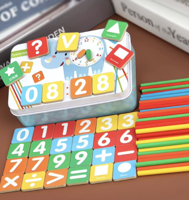 Joc aritmetic cu betisoare colorate din lemn, piese magnetice si ceas in cutie metalica, +3 ani [5]