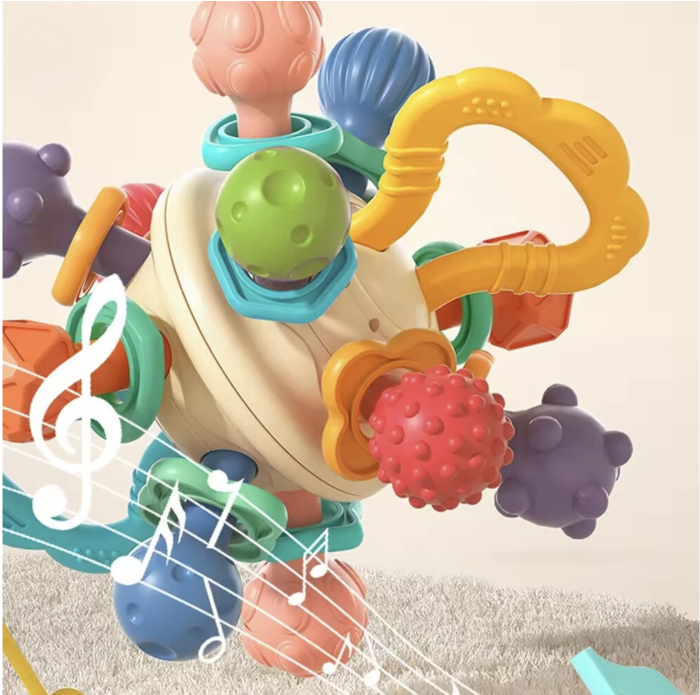 Jucarie Senzoriala de Dentitie – Mingea Zornaitoare Baby Rattle cu Maner, 0 luni+ [5]