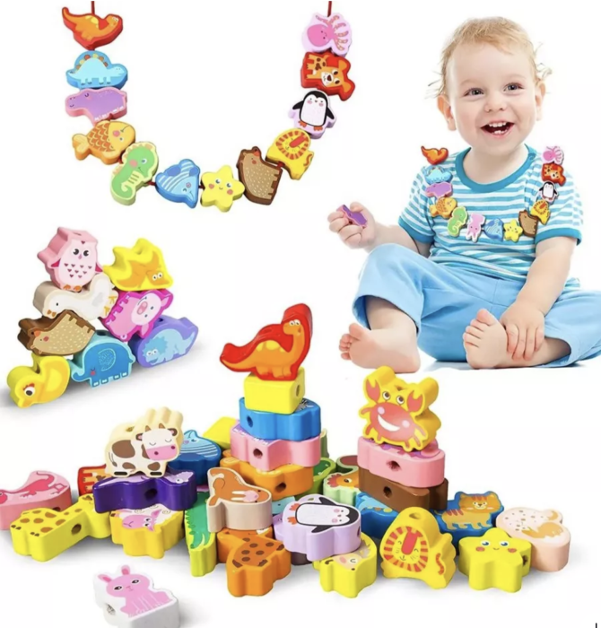 Joc Montessori de siretuit cu 42 piese animale, din lemn [4]