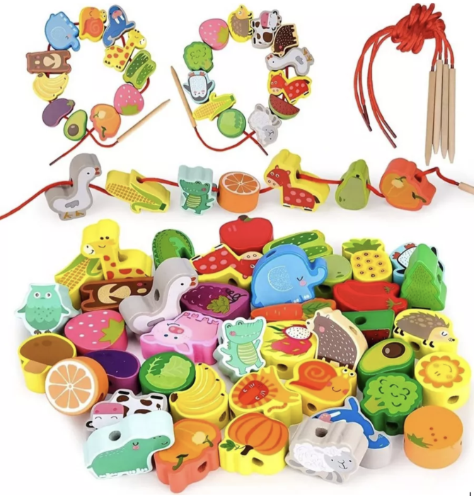 Joc Montessori de siretuit cu 42 piese animale, din lemn [5]