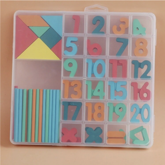 Cutie de invatare cu tangram, cifre, semne matematice, din lemn [4]