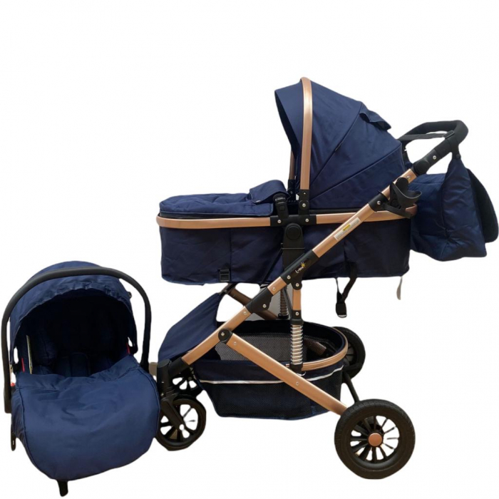 Carucior 3 in 1, reversibil, cu suspensii, reversibil, compact, t2 new, bleumarin