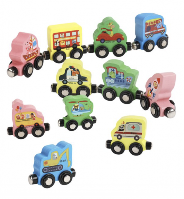 Tren din lemn cu vagoane magnetice Traffic Digital Car, multicolor [4]