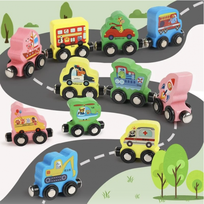 Tren din lemn cu vagoane magnetice Traffic Digital Car, multicolor [2]