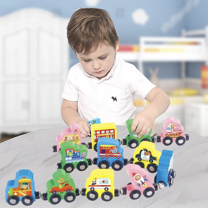 Tren din lemn cu vagoane magnetice Traffic Digital Car, multicolor [3]