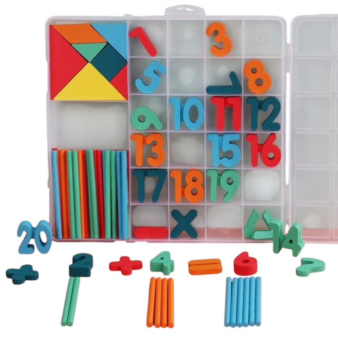 Cutie de invatare cu tangram, cifre, semne matematice, din lemn [9]