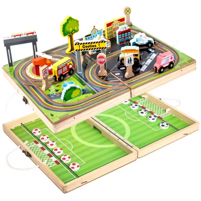 Joc 2 in 1 Circuit cu masini City si Pucket Game, din lemn