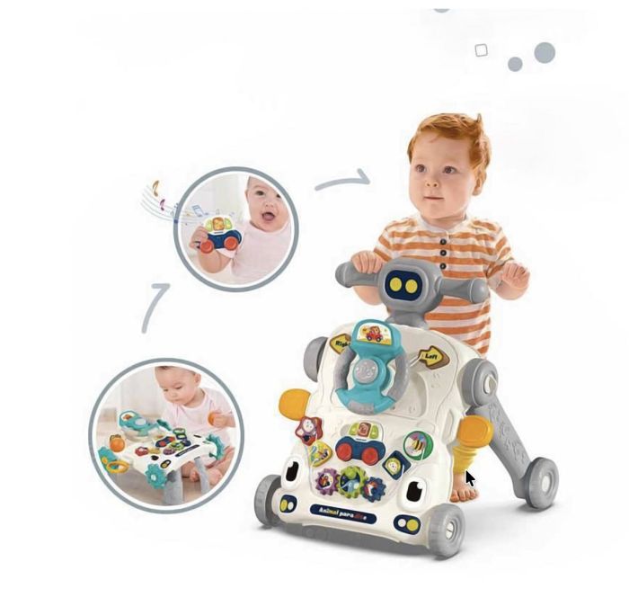 Antemergator 3 in 1 cu masuta de activitati, jucarii detasabile, lumini si sunete, gri [2]