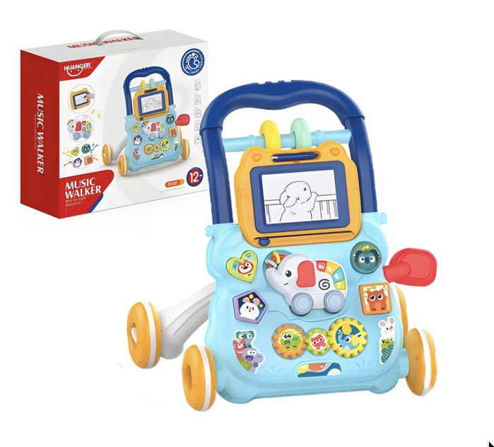 Antepremergator educational 2 in 1 cu tabla de scris, elefant muzical, oglinda si blocuri, +1 an, Bleu [4]