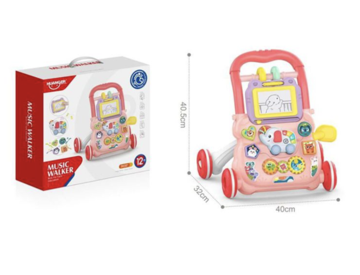 Antepremergator educational 2 in 1 cu tabla de scris, elefant muzical, oglinda si blocuri, +1 an, roz [10]