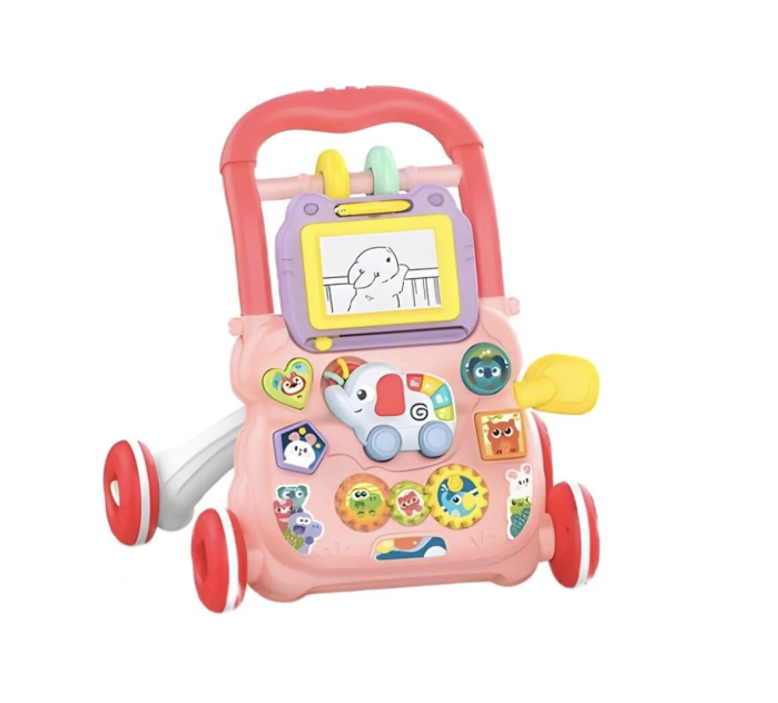 Antepremergator educational 2 in 1 cu tabla de scris, elefant muzical, oglinda si blocuri, +1 an, roz [4]