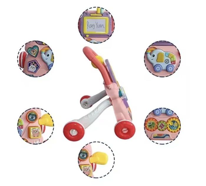 Antepremergator educational 2 in 1 cu tabla de scris, elefant muzical, oglinda si blocuri, +1 an, roz [3]