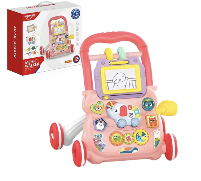 Antepremergator educational 2 in 1 cu tabla de scris, elefant muzical, oglinda si blocuri, +1 an, roz [7]