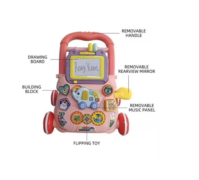 Antepremergator educational 2 in 1 cu tabla de scris, elefant muzical, oglinda si blocuri, +1 an, roz [5]