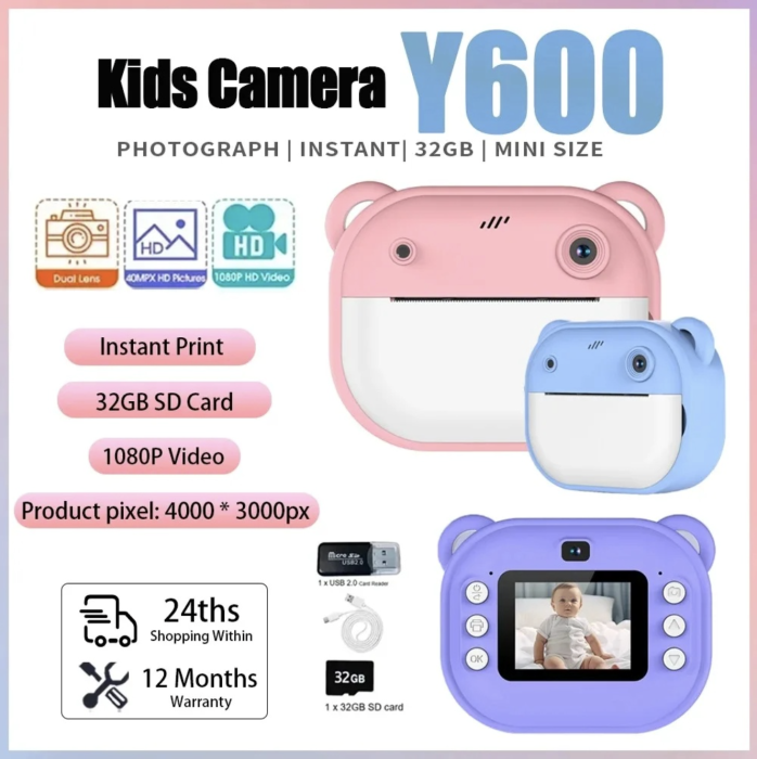 Aparat foto digital copii cu imprimare instant, 40 MP, 1080p, ecran 2.4", Ursulet bleu [7]