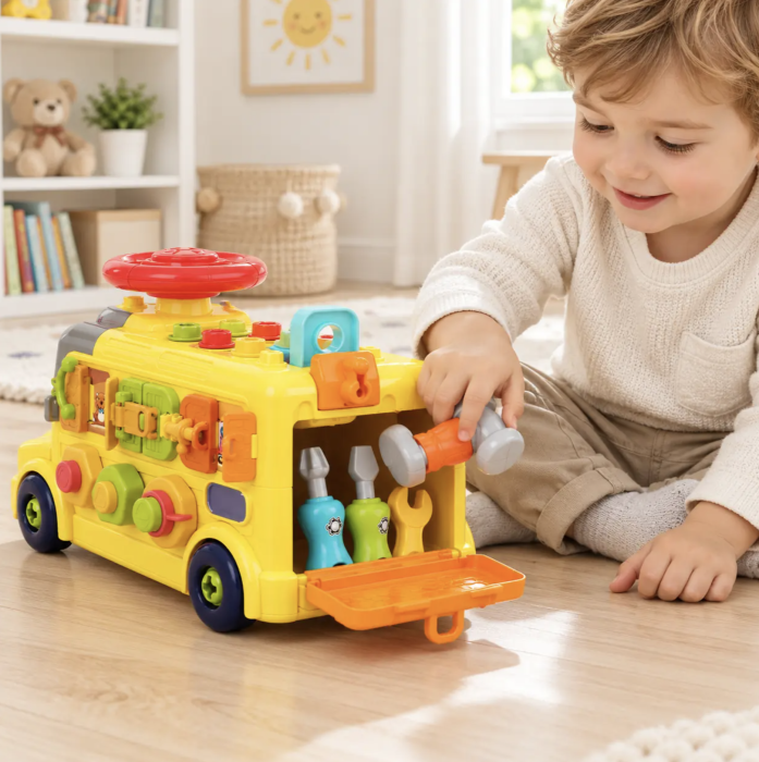 Autobuz atelier cu unelte, suruburi, rotite si activitati mecanice, 3 ani+ [3]