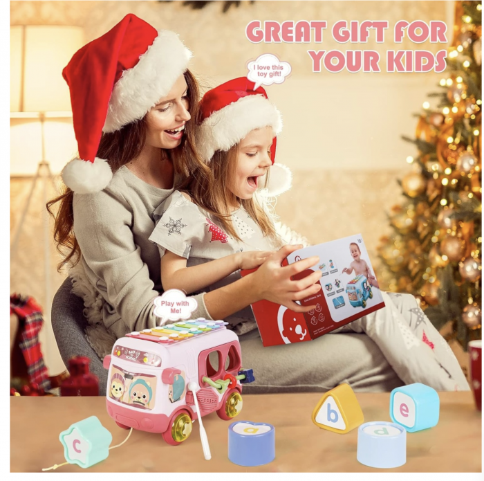 Autobuz interactiv cu xilofon, sortator si jucarii detasabile, roz [8]