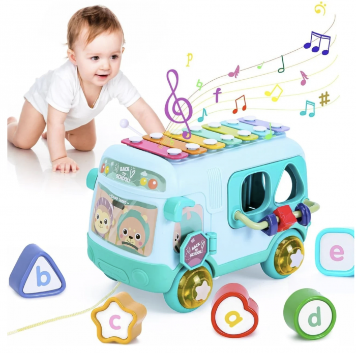 Autobuz interactiv cu xilofon, sortator si jucarii detasabile, bleu