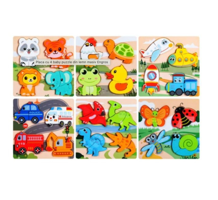 Set 6 Baby Puzzle Incastu cu 4 imagini, din lemn masiv ,   Piese Mari