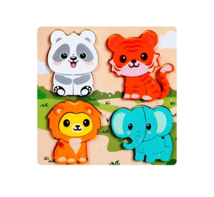 Baby Puzzle Incastu cu 4 imagini, din lemn masiv ,   Piese Mari, Zoo