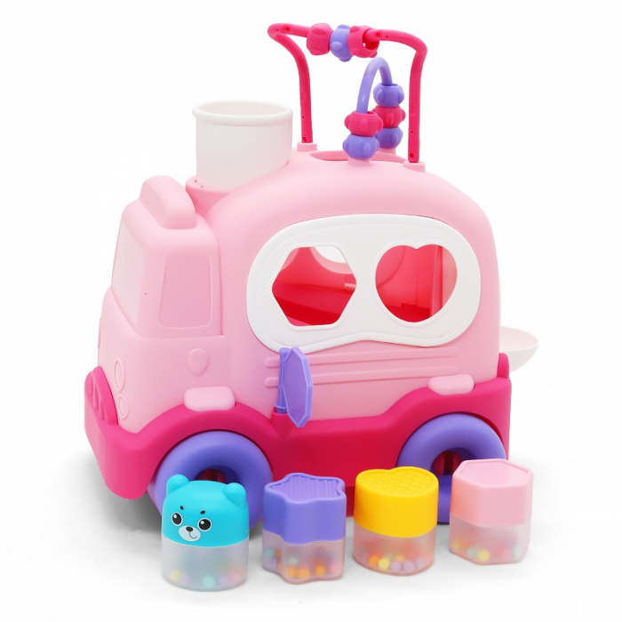 Baby School Bus interactiv, sortator de forme animale, cu zornaitoare, roz