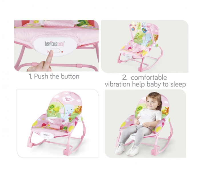 Balansoar si scaun 2 in 1 cu muzica si vibratii pentru leganare bebe 0-18 kg, Frog roz [6]