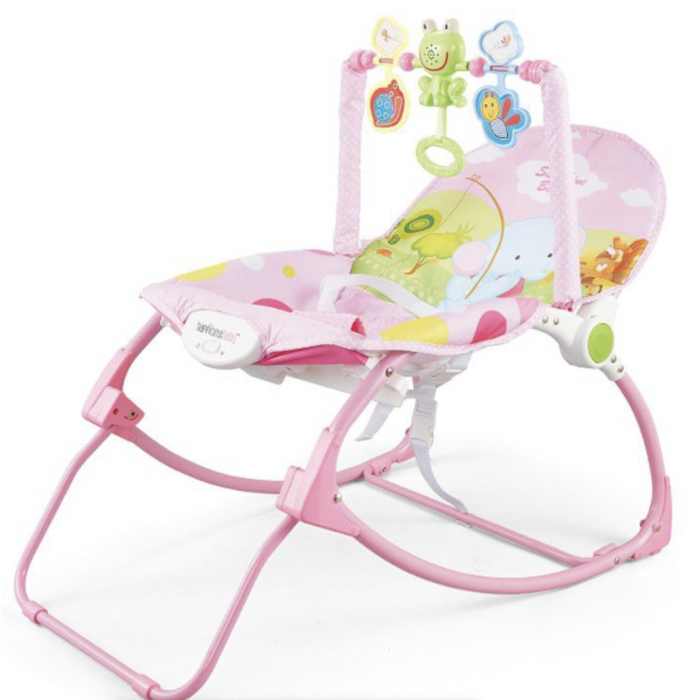 Balansoar si scaun 2 in 1 cu muzica si vibratii pentru leganare bebe 0-18 kg, Frog roz [4]