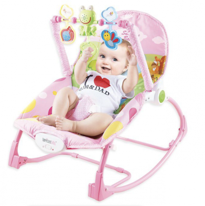 Balansoar si scaun 2 in 1 cu muzica si vibratii pentru leganare bebe 0-18 kg, Frog roz