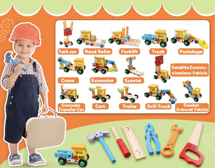 Set Geanta cu scule si unelte, de constructie masini, din lemn [11]