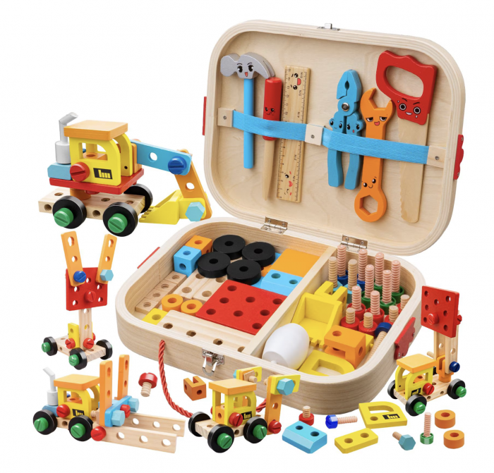 Set Geanta cu scule si unelte, de constructie masini, din lemn