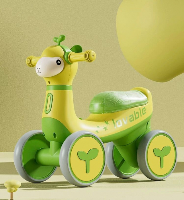 Bicicleta fara pedale cu 4 roti, cu muzica si lumini, Girafa B09 Galben cu Verde [2]