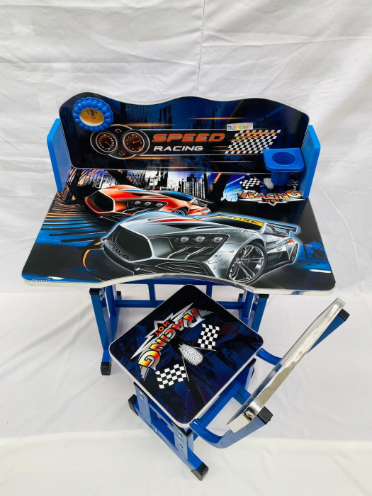 Birou cu scaun pentru copii, reglabile, cadru metalic si lemn, albastru, Racing Car B1 - Krista® [3]