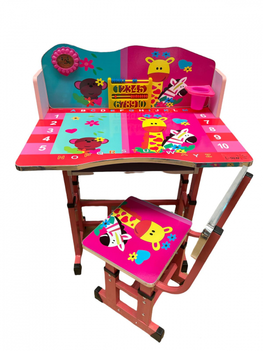 Birou cu scaun pentru copii, reglabile, cadru metalic si lemn, roz, Little Animals, B7 - Krista® [1]