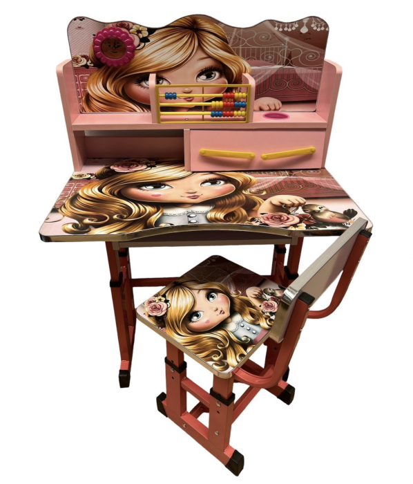 Birou cu scaun pentru copii, reglabile, cadru metalic si lemn, roz, My Princess W1 [2]