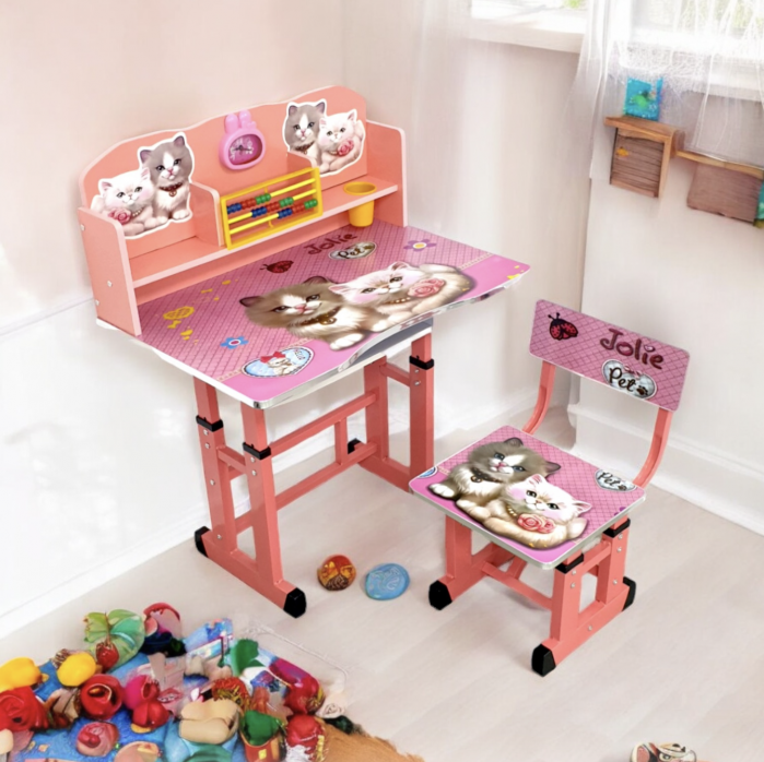 Birou cu scaun pentru copii, reglabile, cadru metalic si MDF, Pisicute A3 [2]