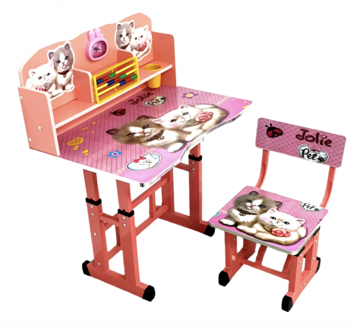 Birou cu scaun pentru copii, reglabile, cadru metalic si MDF, Pisicute A3 [3]