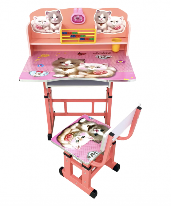 Birou cu scaun pentru copii, reglabile, cadru metalic si MDF, Pisicute A3 [4]