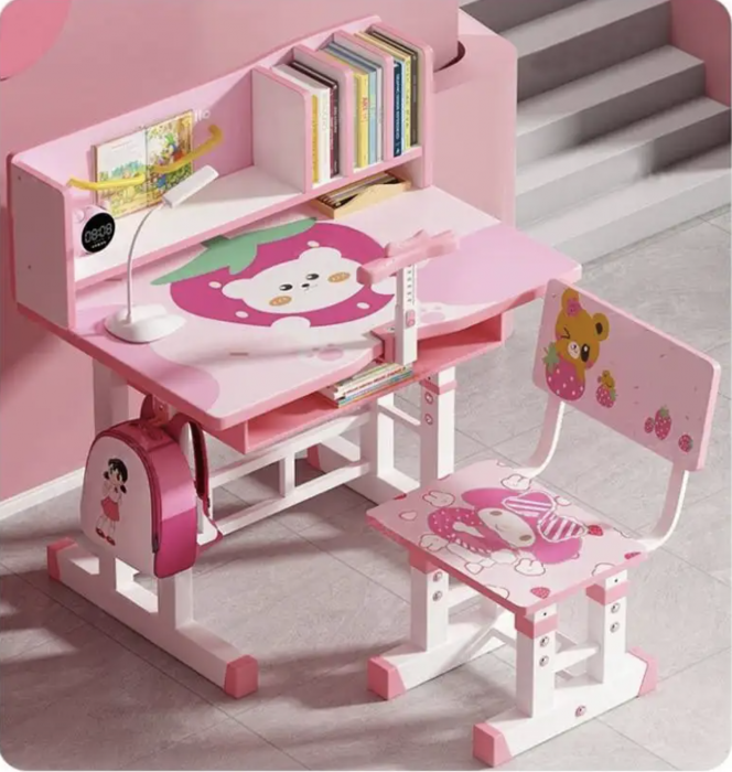 Birou cu scaun pentru copii, reglabile, cadru metalic si MDF, Ursuletul roz T15 [2]