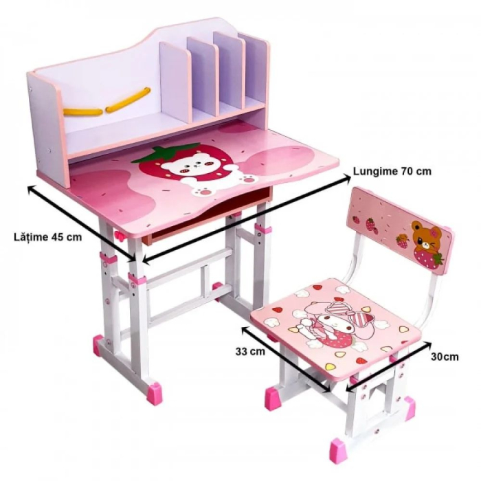 Birou cu scaun pentru copii, reglabile, cadru metalic si MDF, Ursuletul roz T15 [3]