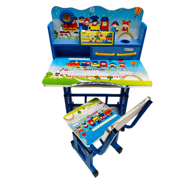 Birou mare cu scaun pentru copii, reglabile, cadru metalic si lemn, albastru, Train B11 - Krista® [1]
