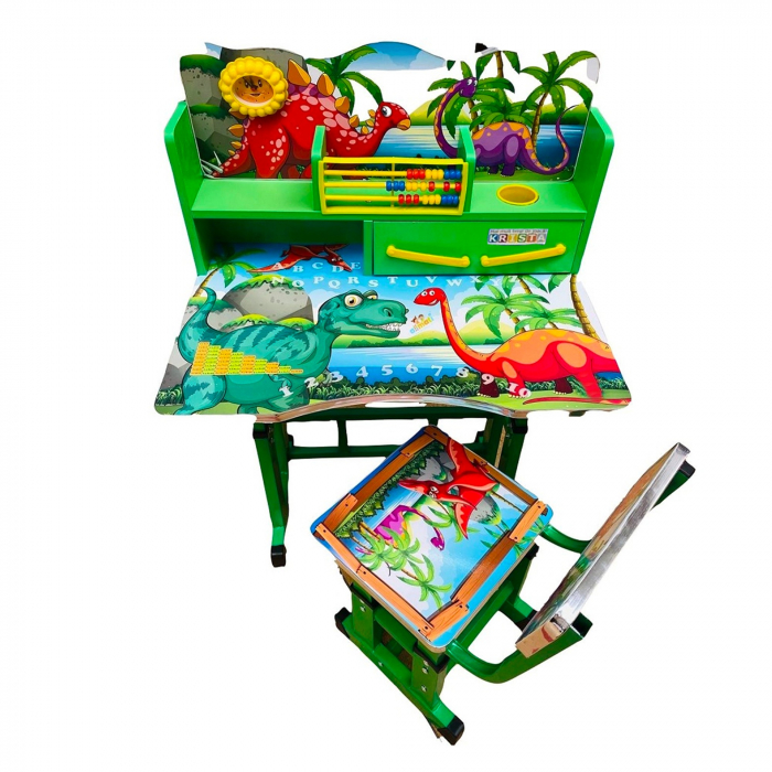 Birou mare cu scaun pentru copii, reglabile, cadru metalic si lemn, verde, Dinozauri B14 - Krista® [1]