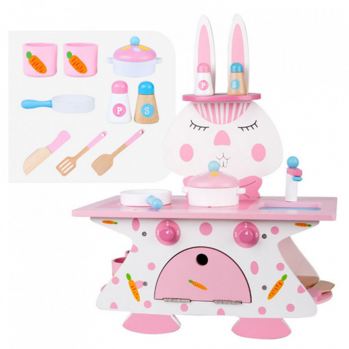 Bucatarie cu 10 accesorii Pink Rabbit Kitchen, din lemn [3]