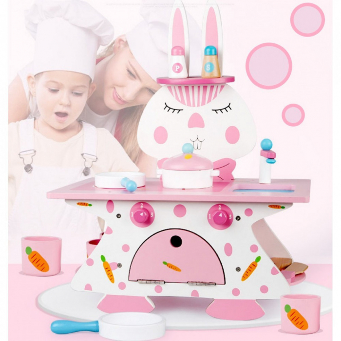 Bucatarie cu 10 accesorii Pink Rabbit Kitchen, din lemn [4]