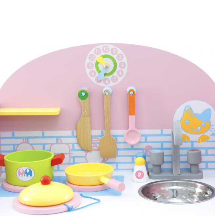 Bucatarie de jucarie din lemn cu frigider, cuptor si accesorii Pink MSN17061 [7]