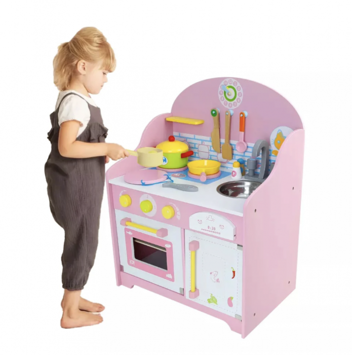 Bucatarie de jucarie din lemn cu frigider, cuptor si accesorii Pink MSN17061 [3]