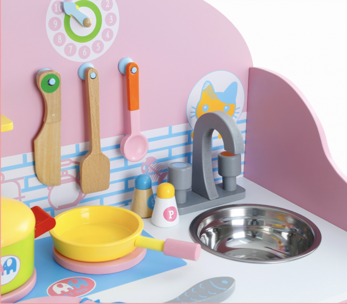 Bucatarie de jucarie din lemn cu frigider, cuptor si accesorii Pink MSN17061 [8]