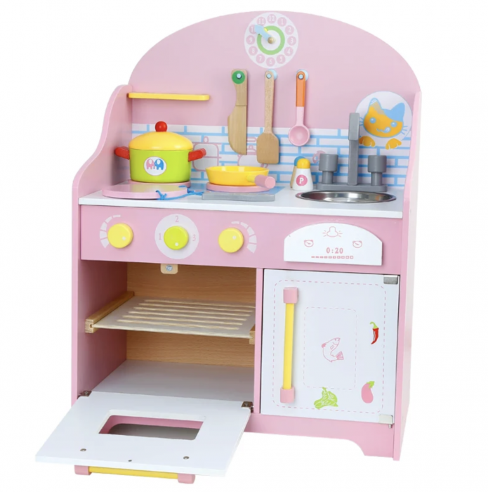 Bucatarie de jucarie din lemn cu frigider, cuptor si accesorii Pink MSN17061 [2]