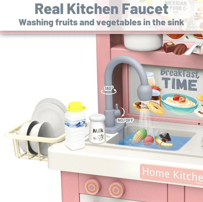 Bucatarie electronica Dream Kitchen cu abur, robinet cu apa si 49 accesorii, roz, 112 cm, +3 ani [4]